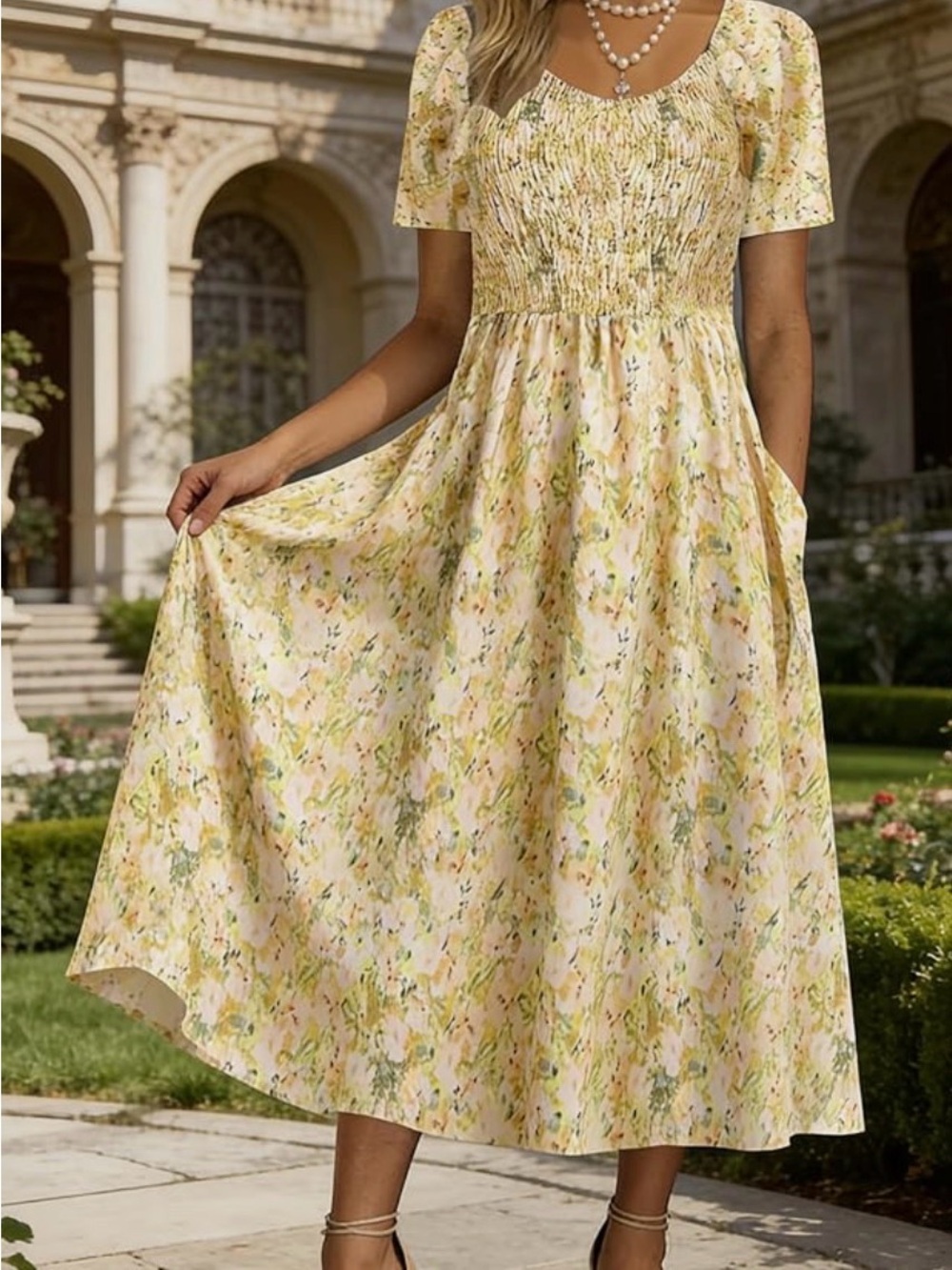 Smocked Floral Midi Dress in Yellow